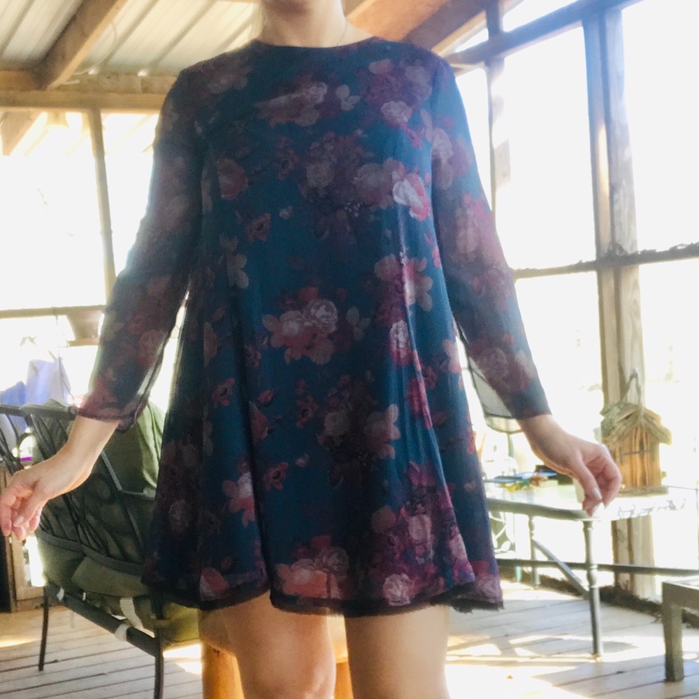 Kimchi dress with navy and maroon print.